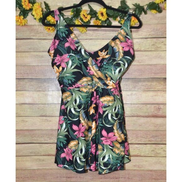 Alisha Levine One Piece Hawaiian Floral Bathing Swimsuit Size 14 Wrap Skirted - Picture 1 of 9